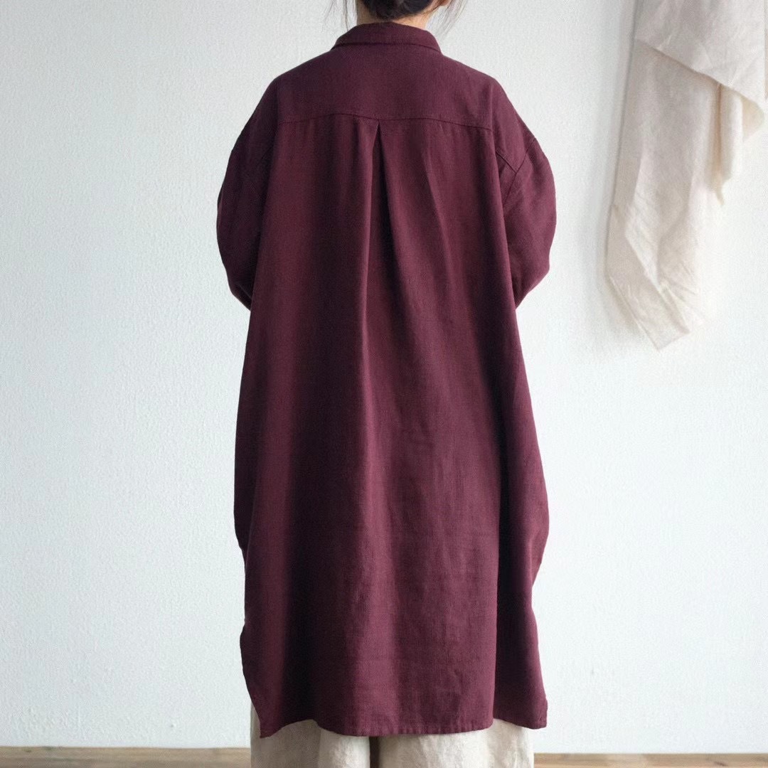 原宿简约布衣风格春装新款经典纯色休闲百搭宽松亚麻长款衬衫女