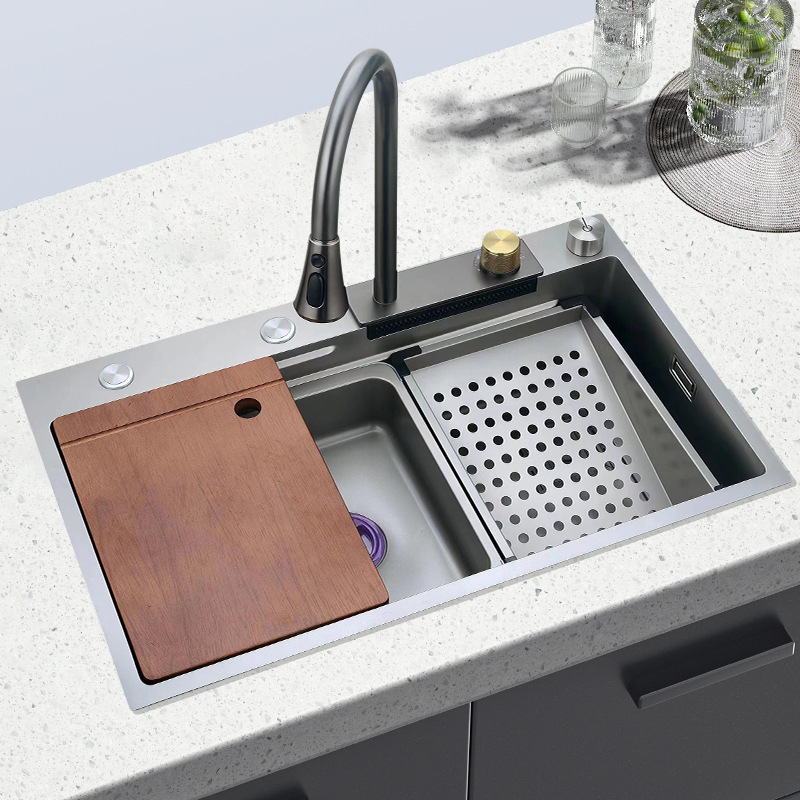 Fully Equipped 304 Stainless Steel Sink Kitchen Sink Flying Rain Pull Waterfall Faucet Integrated Large Single Sink Washing Basin