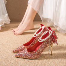 婚鞋秀禾婚纱两穿新娘鞋红色不累脚高跟鞋法式粗跟中式高级感单鞋