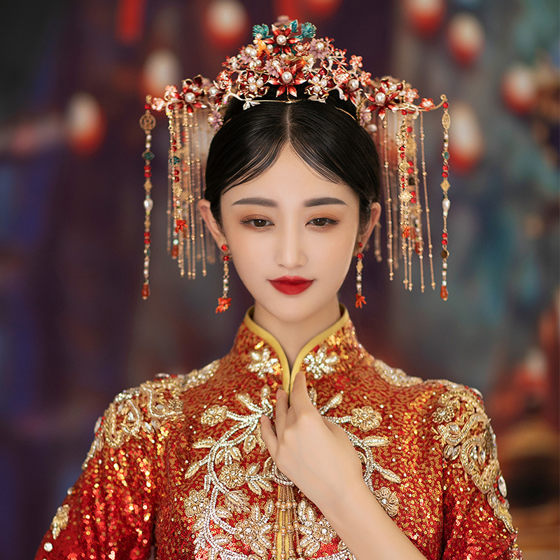 新娘头饰红色凤冠大气秀禾服结婚古典宫廷凤冠霞帔中式古风发饰品
