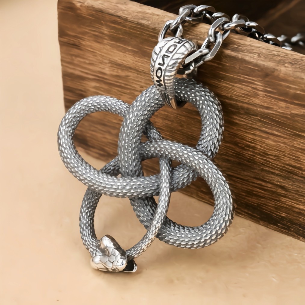 新款纯银925 复古噬尾蛇吊坠项链饰品钥匙扣挂件情侣实心挂坠动物