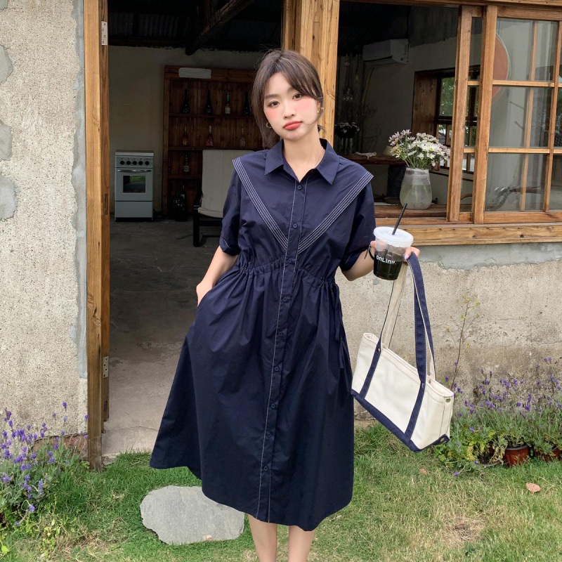 法式复古藏青色连衣裙女夏2024年新款小众chic文艺别致显瘦衬衫裙
