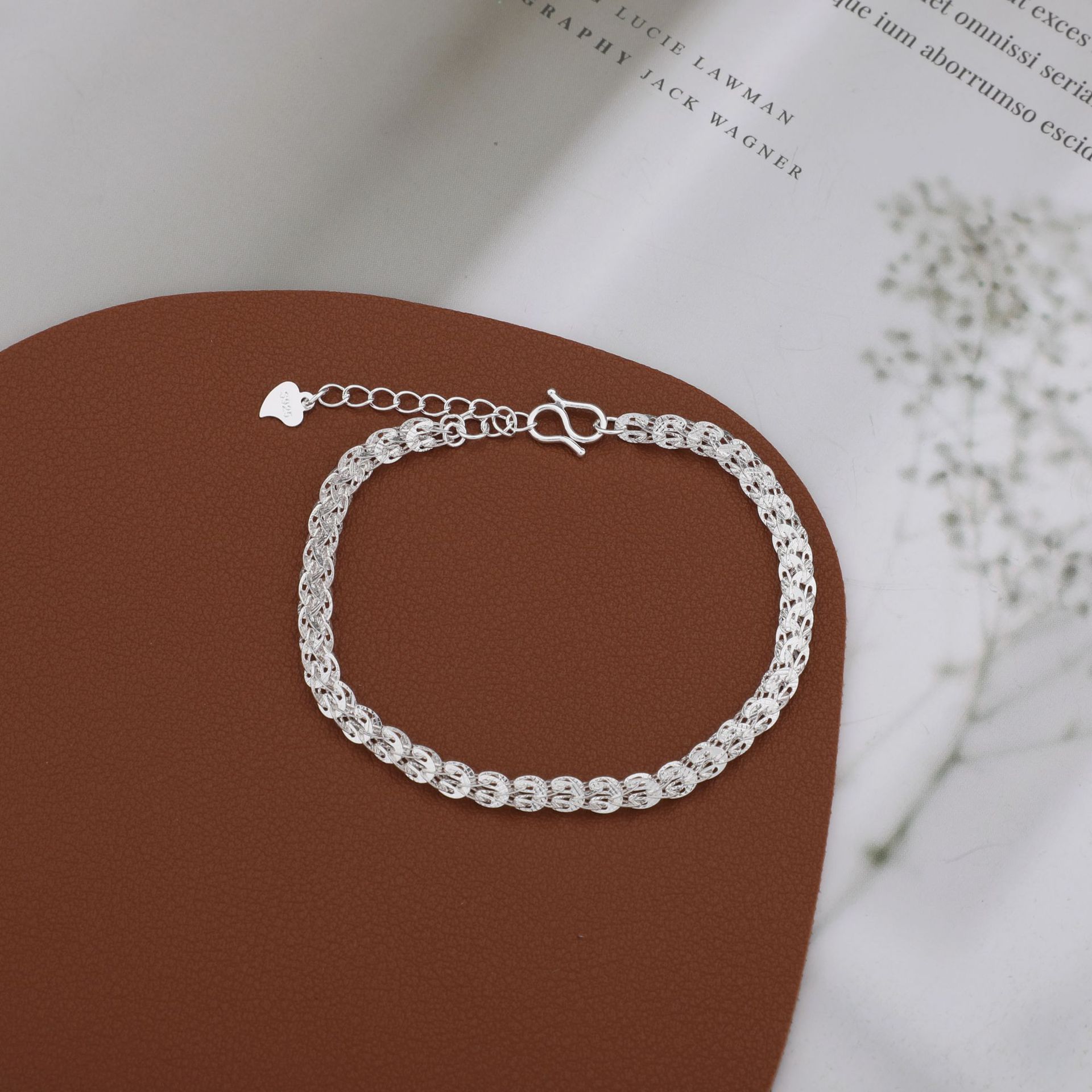 s925纯银ins风立体编织车花手链 简约小巧闺蜜银手环素银色手饰女