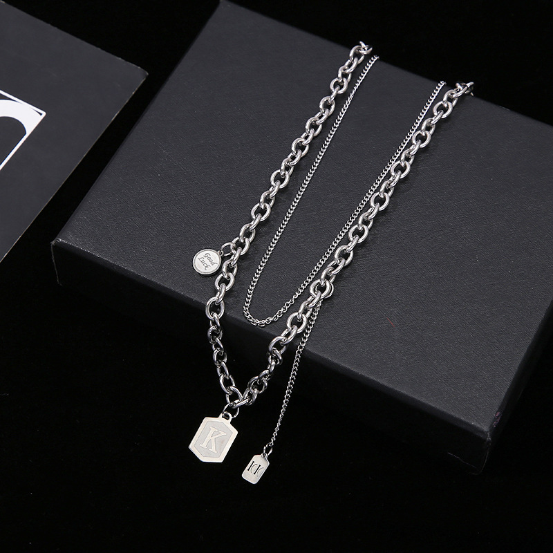 Korean Fashion round Brand Square Plate Carved Pendant Ins Style Titanium Steel Necklace Accessories Trend All-Match Sweater Chain Wholesale