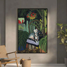 手绘油画猫咪客厅绿色植物马蒂斯小众挂画装饰画玄关抽象派侘寂风