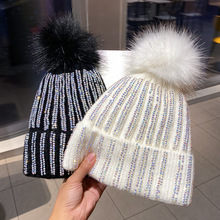毛球水钻条纹针织帽子女秋冬季加绒保暖毛线帽韩版户外包头冷帽
