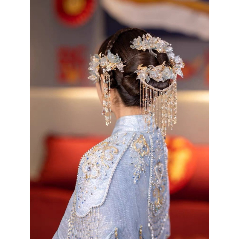 新娘中式发饰古风汉服流苏后区超仙古装琉璃花朵蓝色秀禾结婚头饰