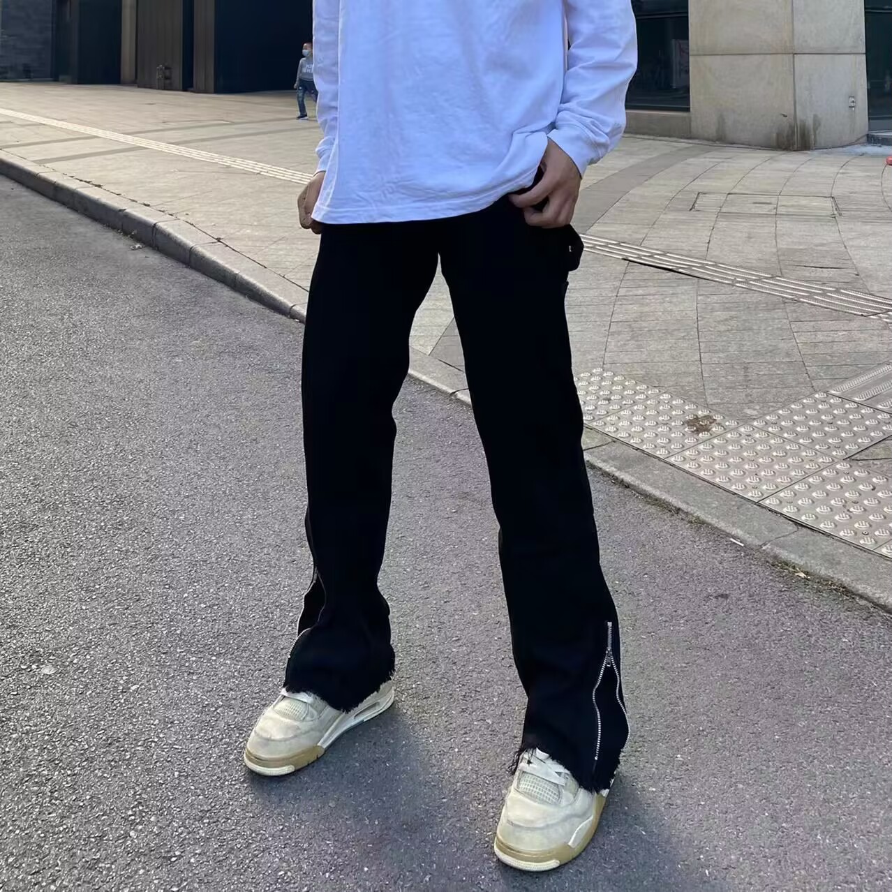 欧美vibe风高街痞帅裤子男显瘦ins潮牌fog裤脚拉链开叉毛边牛仔裤