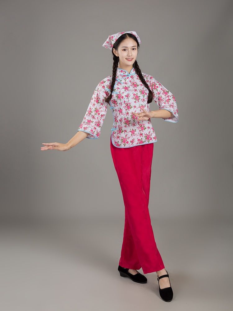 村姑衣服碎花女阿庆嫂服装中老年秧歌服采茶女舞蹈服复古民国套装