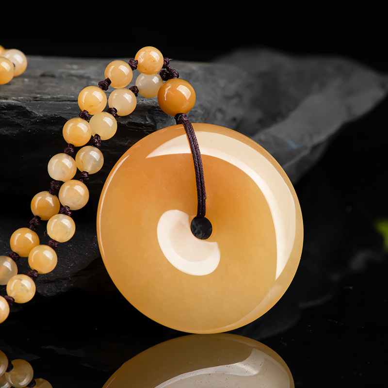 天然新疆金丝玉平安扣保平安戈壁玉黄玉男女款项链玉石吊坠毛衣链