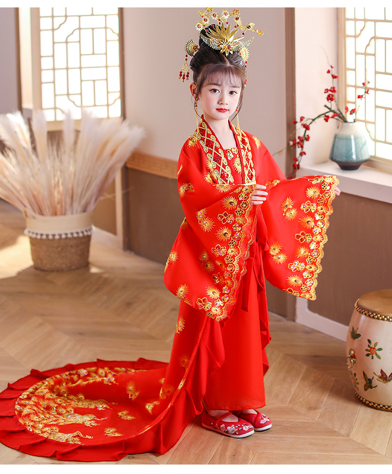 新款女童贵妃拖尾古装儿童汉服唐朝仙女古代公主裙舞台表演出服装