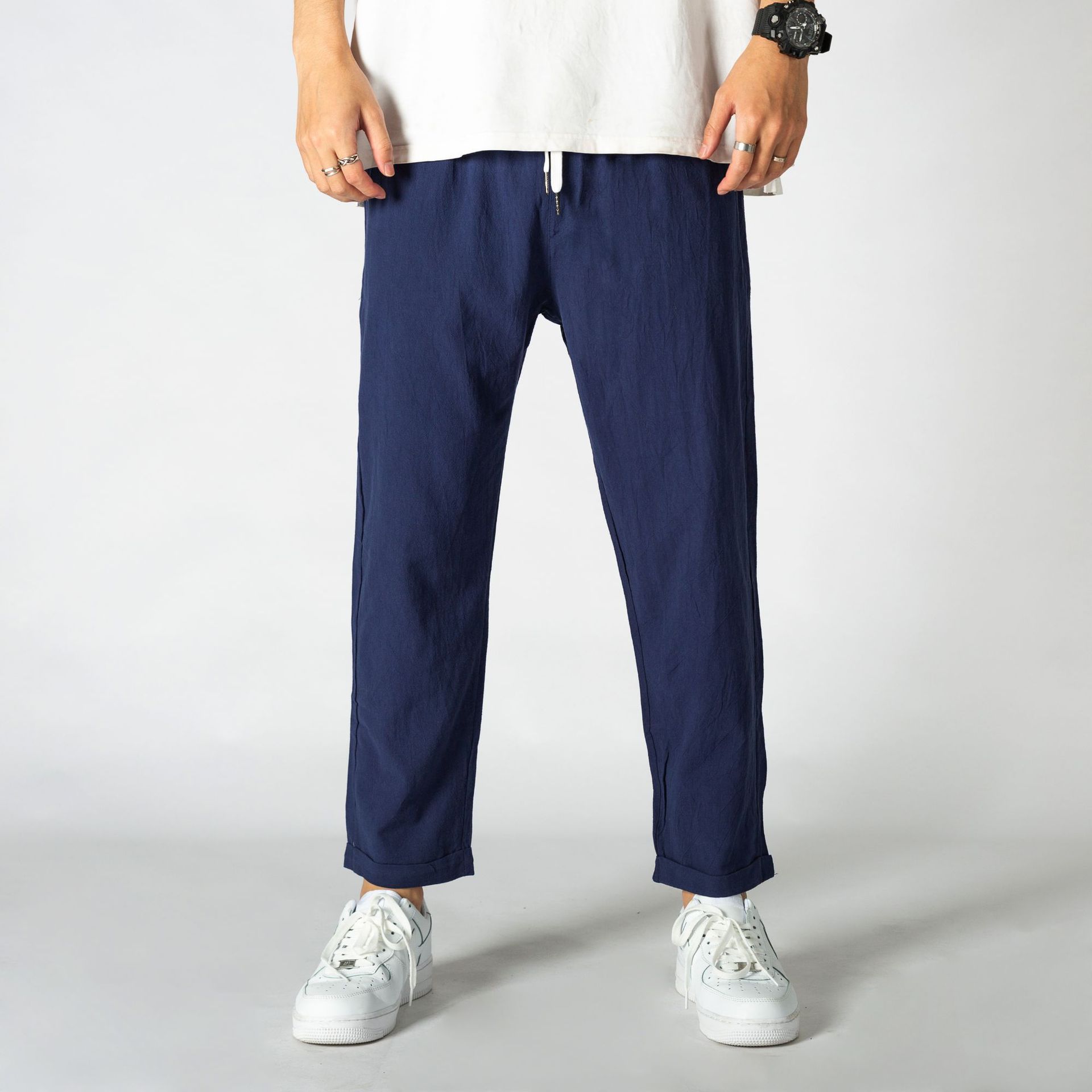 2021年运动裤男夏季束脚裤男士休闲裤男棉麻九分男裤夏季潮流卫裤