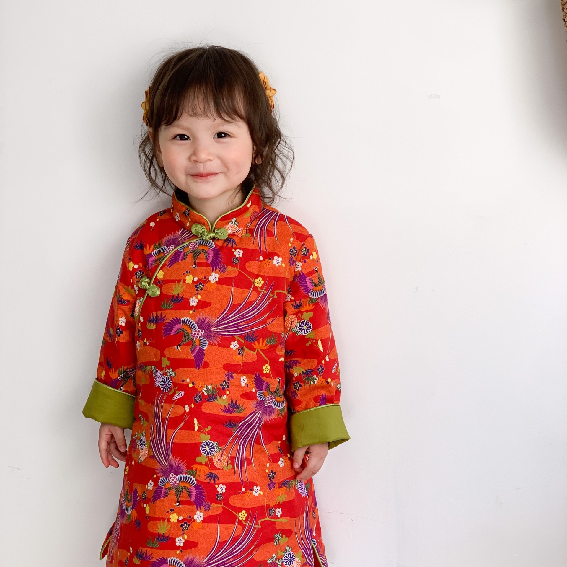 红色新年女童夹棉长袖旗袍儿童连衣裙 秋冬新款中式拜年服 棉袄