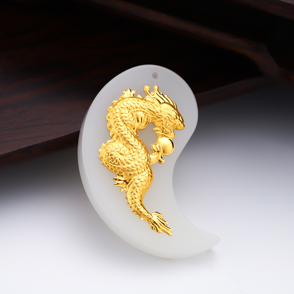 金镶玉龙凤牌吊坠 足金镶嵌白玉龙凤呈祥男女情侣款玉佩挂坠代发