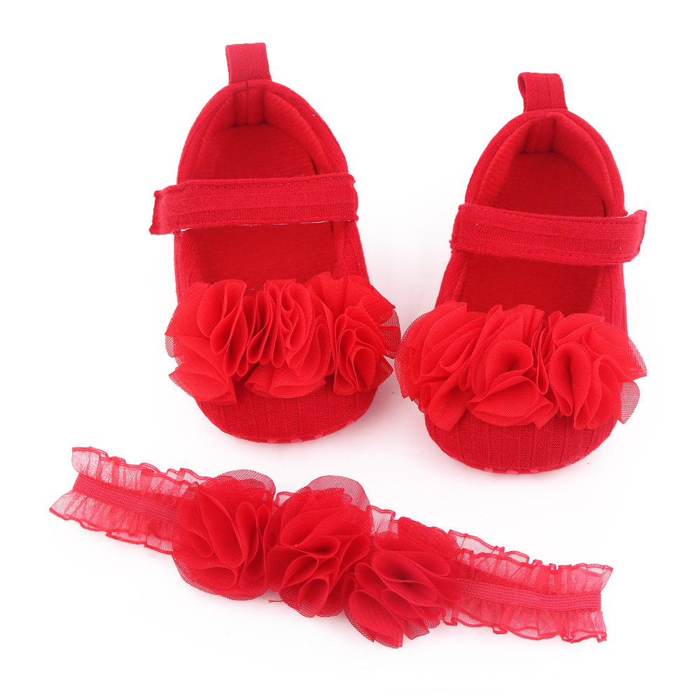 Princess Shoes for Baby Cute Headdress Flower Suit Soft Bottom Toddler Shoes Baby Shoes Headband Hair Band 2-Piece Set