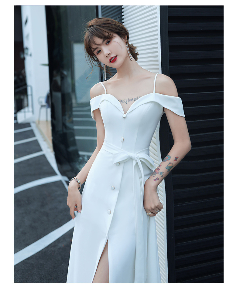 白色主持人一字肩模特走秀性感超仙伴娘团年会开叉18岁成年晚礼服