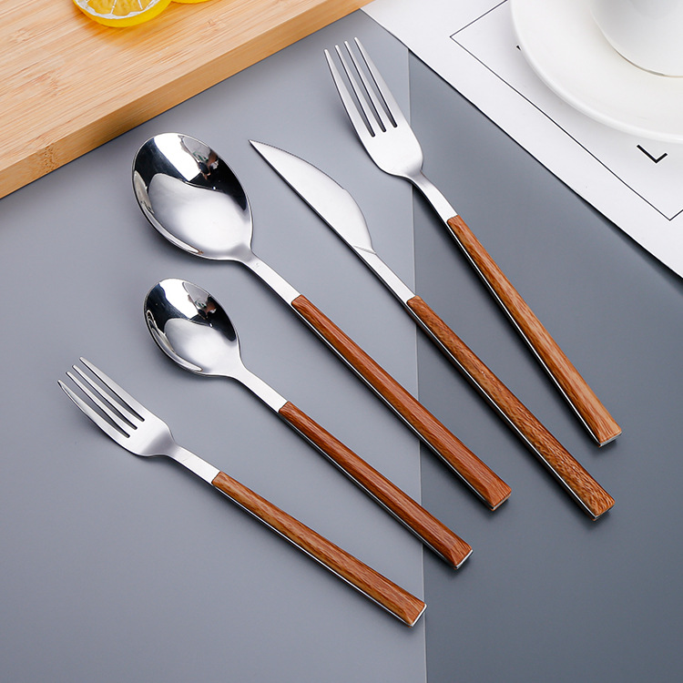 portable 410 stainless steel tableware imitation wooden handle good-looking western food steak knife and fork set small waist dessert spoon