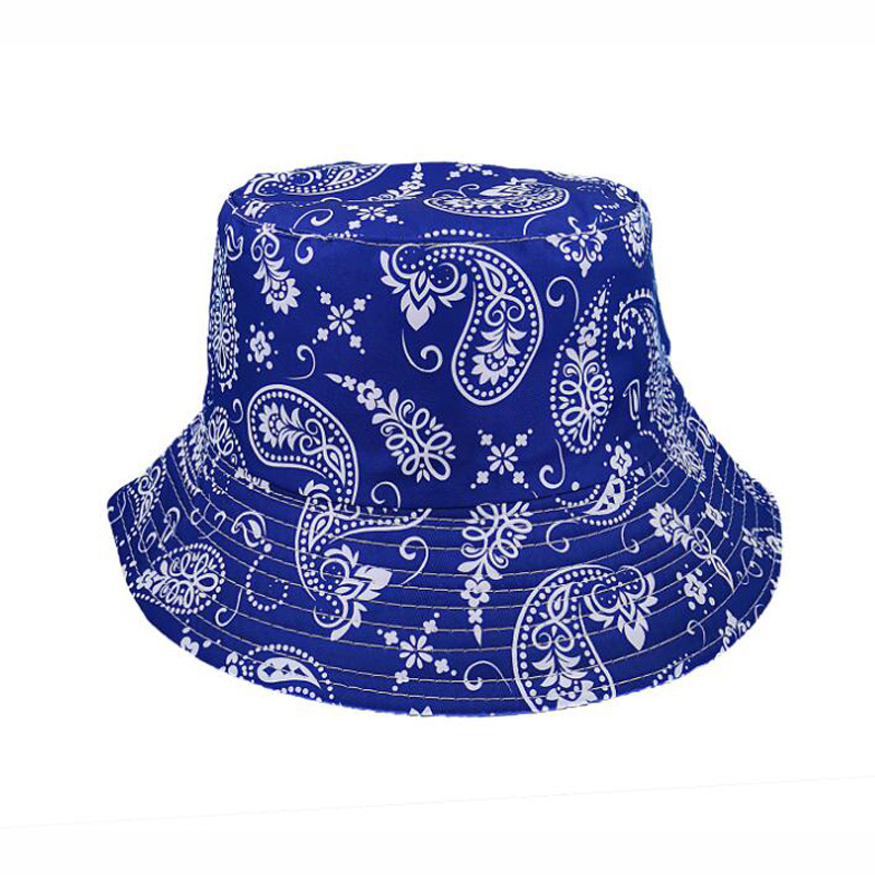 Cross-Border New Arrival Ethnic Style Waist Flower Printed Bucket Hat Men's and Women's Double-Sided Bucket Hat Retro Flat Top Sun Protection Sun Hat
