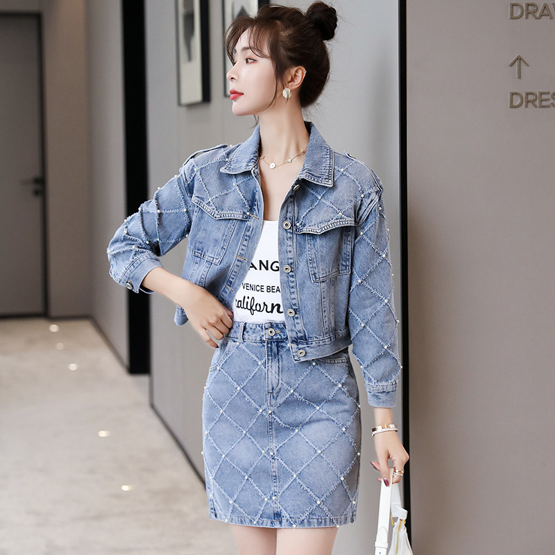 牛仔套裙2021秋季新款牛仔半身裙时尚牛仔裙套装牛仔裙两件套外套