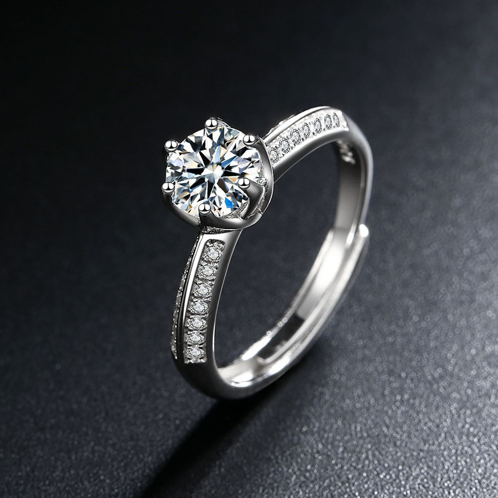 s925纯银莫桑钻1克拉戒指女仿钻戒直播开口指环