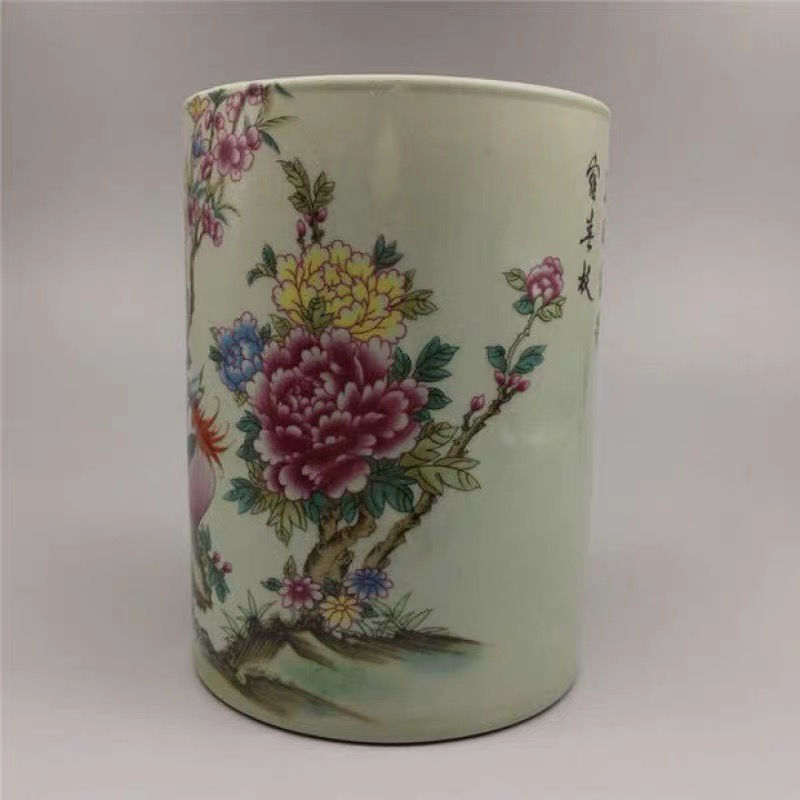 清同治粉彩富贵花鸟祥凤吉祥笔筒文房用品家居装饰摆件瓷器古董