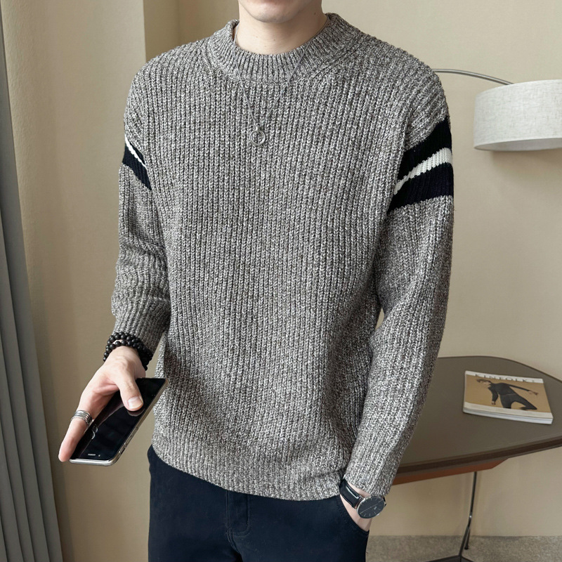 春秋男士圆领休闲毛衣针织衫都市拼色上衣套头长袖宽松外贸情侣