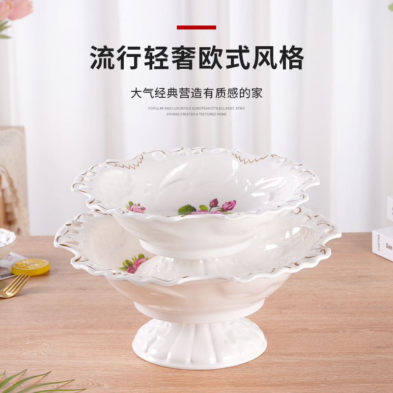 Qijing European-Style Lace Cutout Removable Imitation Porcelain Fruit Plate with Seat Living Room Dining Room Fruit Snack Melamine Fruit Plate