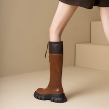 小个子长筒靴厚底增高显瘦拼色骑士靴不过膝高筒小众设计感雨靴