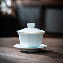 德化羊脂玉瓷单个白瓷盖碗影青描金陶瓷泡茶碗功夫茶具三才敬茶碗