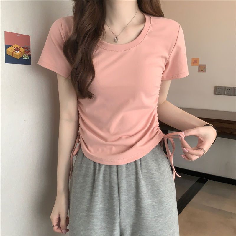 round Neck Drawstring Slimming Short-Sleeved T-shirt for Women 2024 New Summer Niche Korean Simple Chic Slim Top Fashion