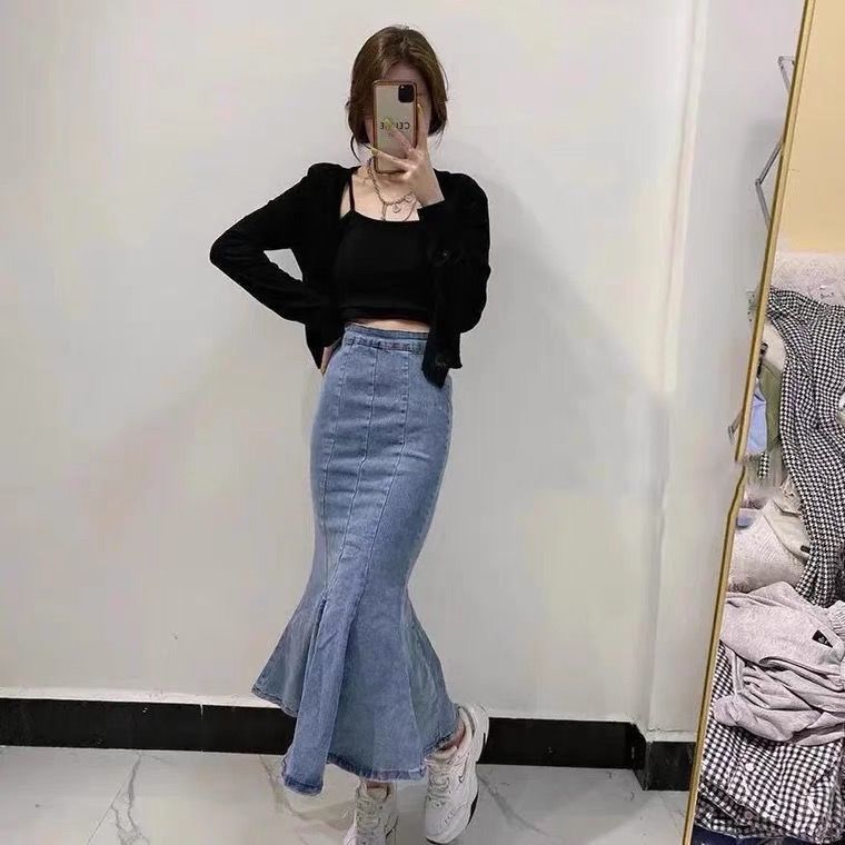 新款夏季时尚高腰包臀牛仔喇叭裙女百搭显瘦修身韩国半身裙鱼尾裙