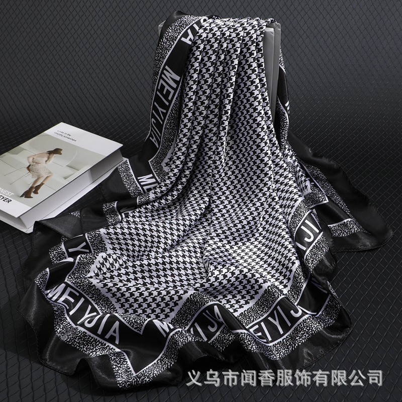 New Houndstooth Large Kerchief Black and White Plaid Emulation Silk Scarf Smooth Satin Scarf Fashion Bag Headscarf Shawl