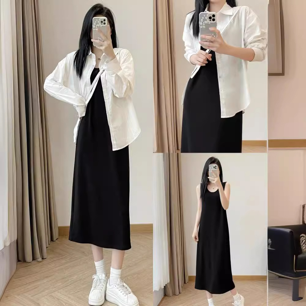 春夏新款白色防晒衬衫搭配黑色吊带长裙宽松中长款背心连衣裙套装