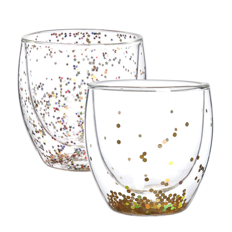 Wholesale Laser Flowing Star Cup Borosilicate Mug Brown Cup Egg-Shaped Cup Starry Sky Bright Double-Layer Cup
