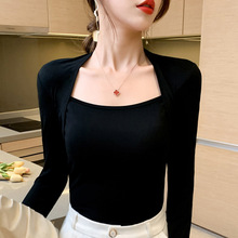 黑色方领上衣女长袖春夏设计感莫代尔T恤韩国修身显瘦赫本打底衫