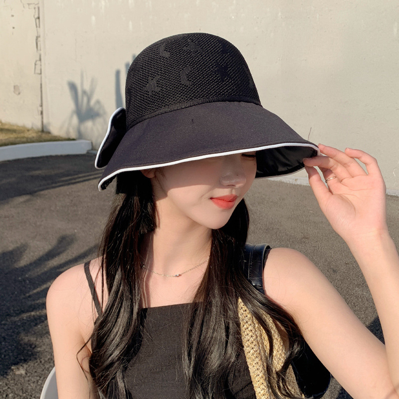 2023 Korean Hat Female Online Influencer Bow Fisherman Hat Summer Sun Hat Mesh Breathable Sun Hat New