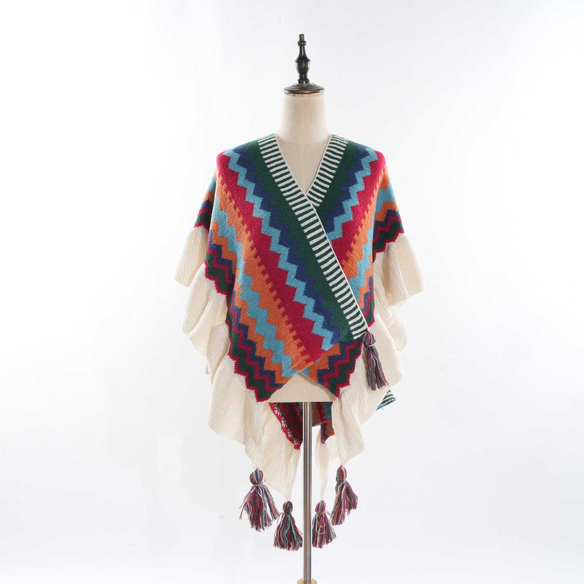 2023 Autumn and Winter New Bohemian Ethnic Style Rainbow Striped Outer Shawl Fashionable Stringy Selvedge Women's Cloak