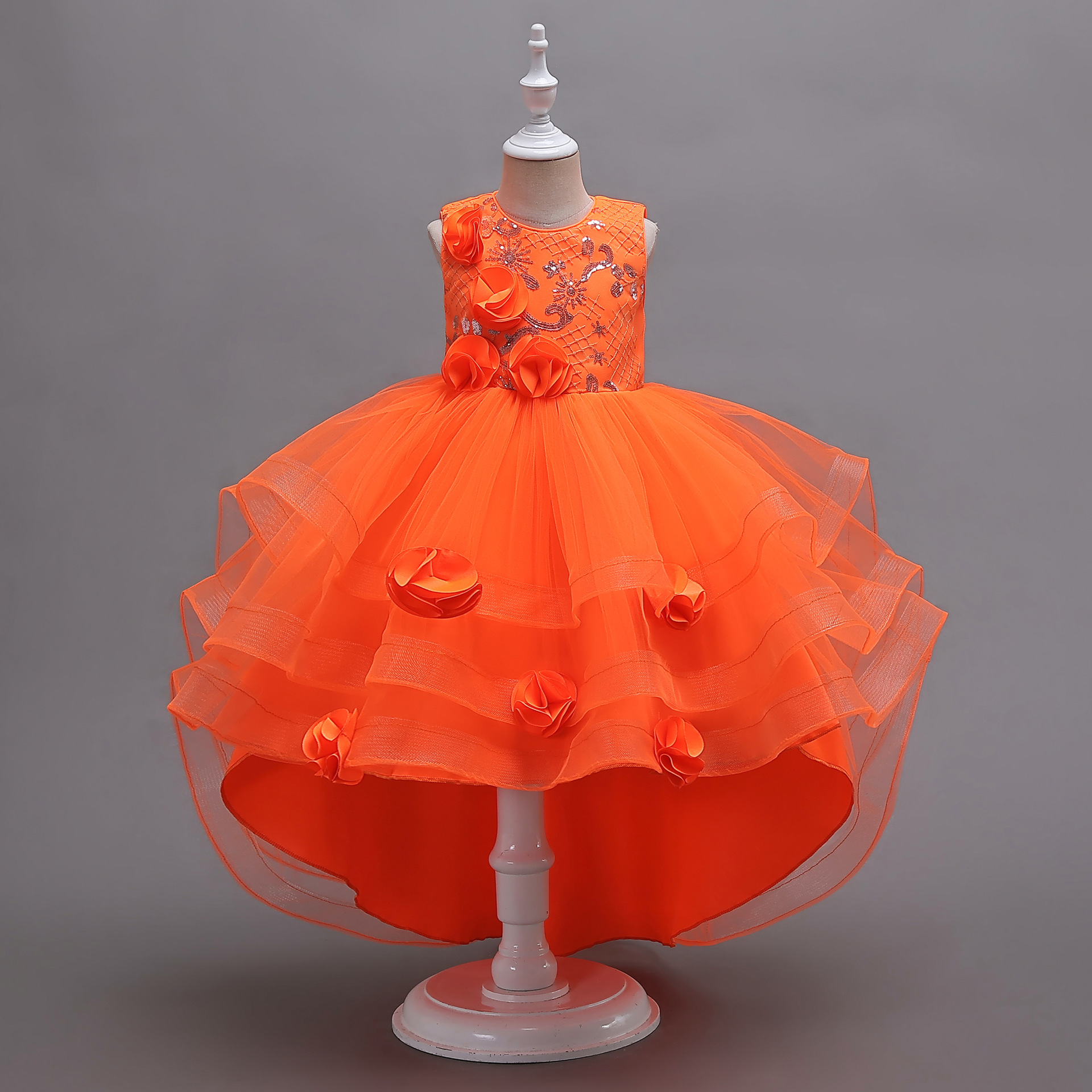 2023 new children‘s dress dress flower girl princess dress sleeveless three-dimensional flower flower mesh trailing skirt girl party dress