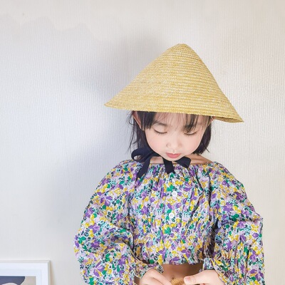 ins新款儿童斗笠草帽男女童系带防晒遮阳走秀沙滩拍照帽工厂批发