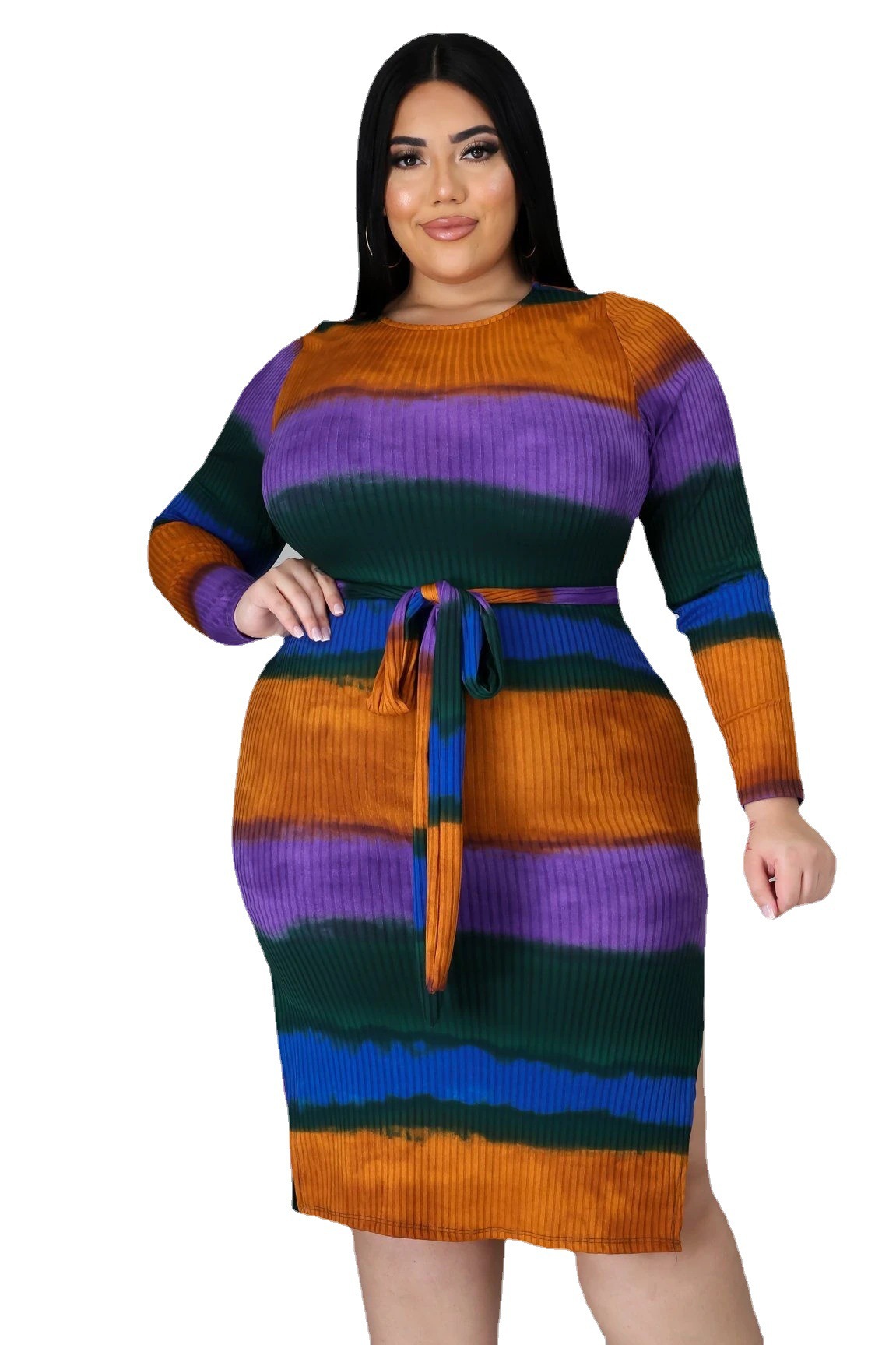 qj5275 欧美5xl肥婆胖女人加大码女装坑条条纹印花系带连衣裙