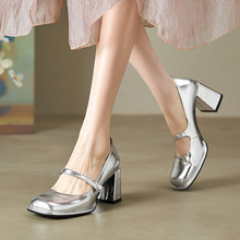 2023春夏季新款方头玛丽珍鞋女浅口高跟鞋粗跟单鞋银色牛皮女鞋子