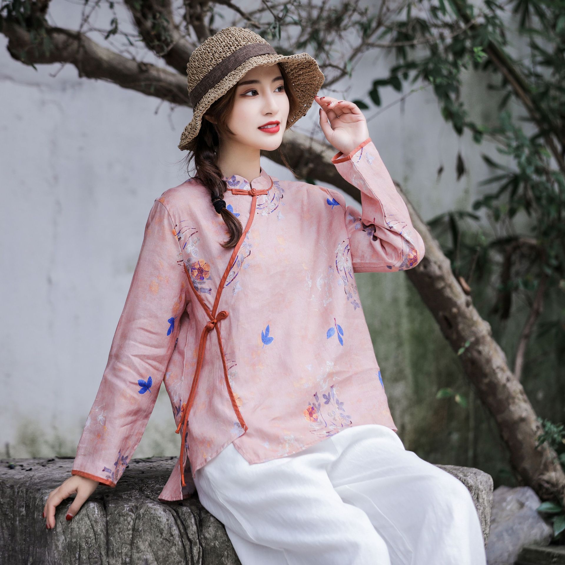 原创中国风手工撞色盘扣飘带复古印花斜襟衬衫棉麻上衣春季女5307