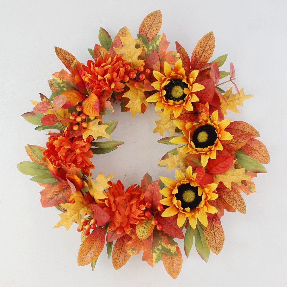 跨境感恩节枫叶花环丰收节花环 仿真向日葵花环秋天花环装饰花圈