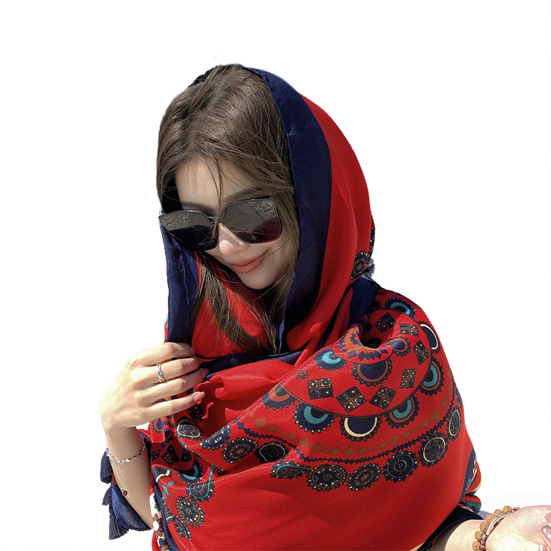 Summer Cotton and Linen Feel Scarf Travel Scarf Sun Protection Air-Conditioner Talma Women's Beach Scarf Ethnic Style Scarf