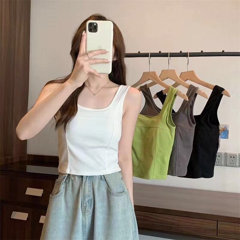 Korean Style Pure Color All-Matching Sling Bra Straps Chest Pad Vest Women's New Inner Wear Outer Wear Sleeveless Slim Fit Bottoming Top