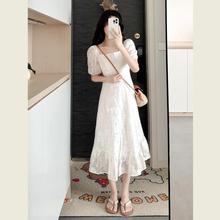 白色连衣裙女夏季新款高级感法式泡泡袖方领收腰显瘦气质绝美长zb