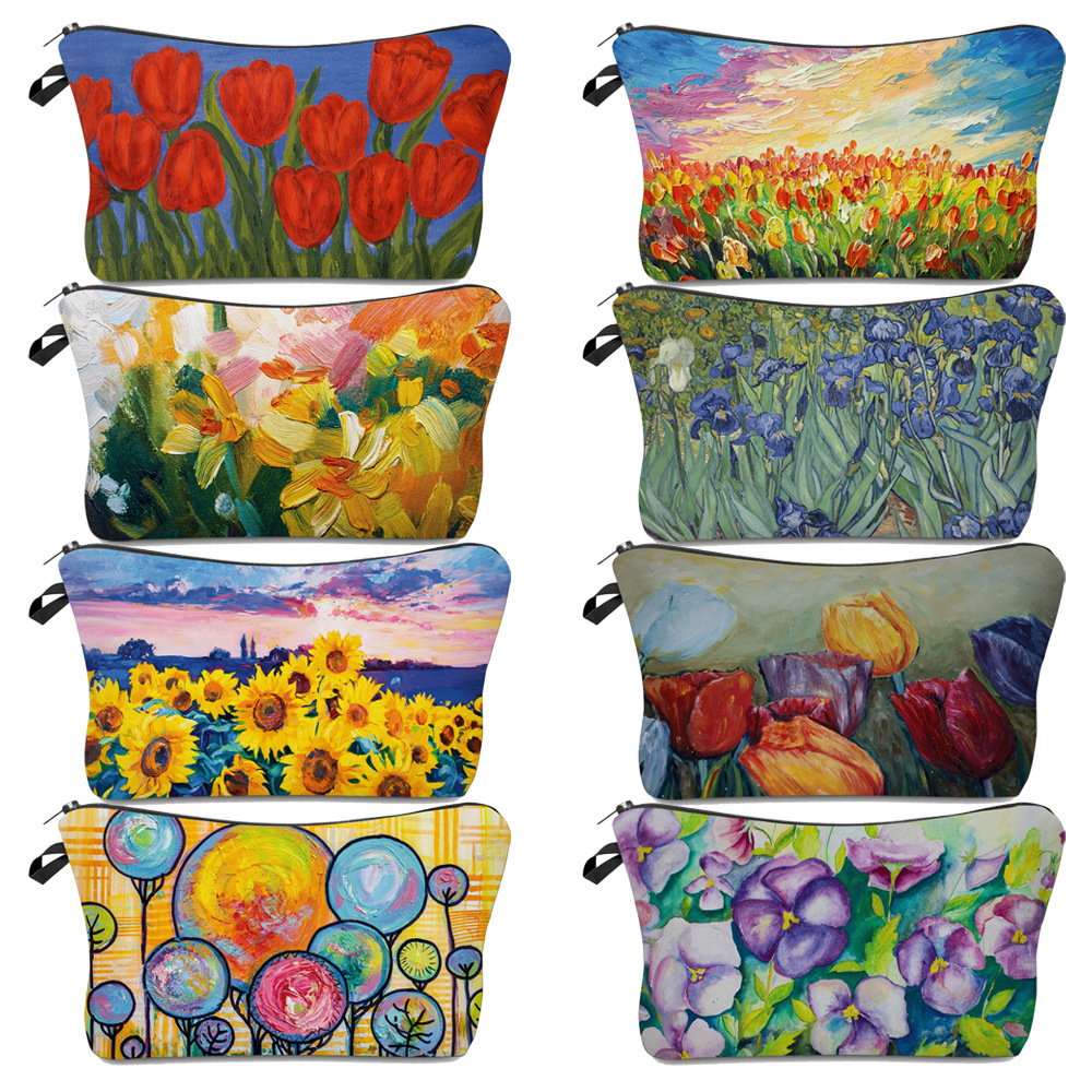 2022 New Women's Cosmetic Bag Printed Ins Oil Painting Flower Storage Bag Portable Clutch Storage Wash Bag