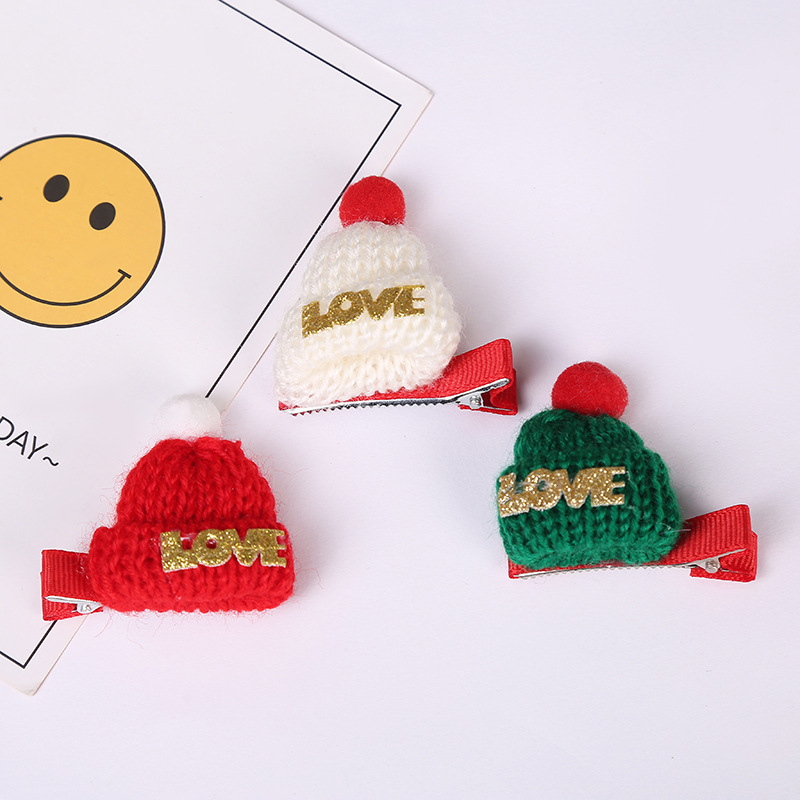 Christmas Style Wool Knitted Barrettes Cute Mini Christmas Hat Snowman Word Clip Holiday Party Decorative Hair Clip Barrettes