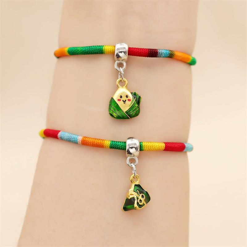 New Dragon Boat Festival Colorful Rope Bracelet Metal Small Zongzi Bamboo Joint Winding Pull Carrying Strap May Festival Ornament Wholesale