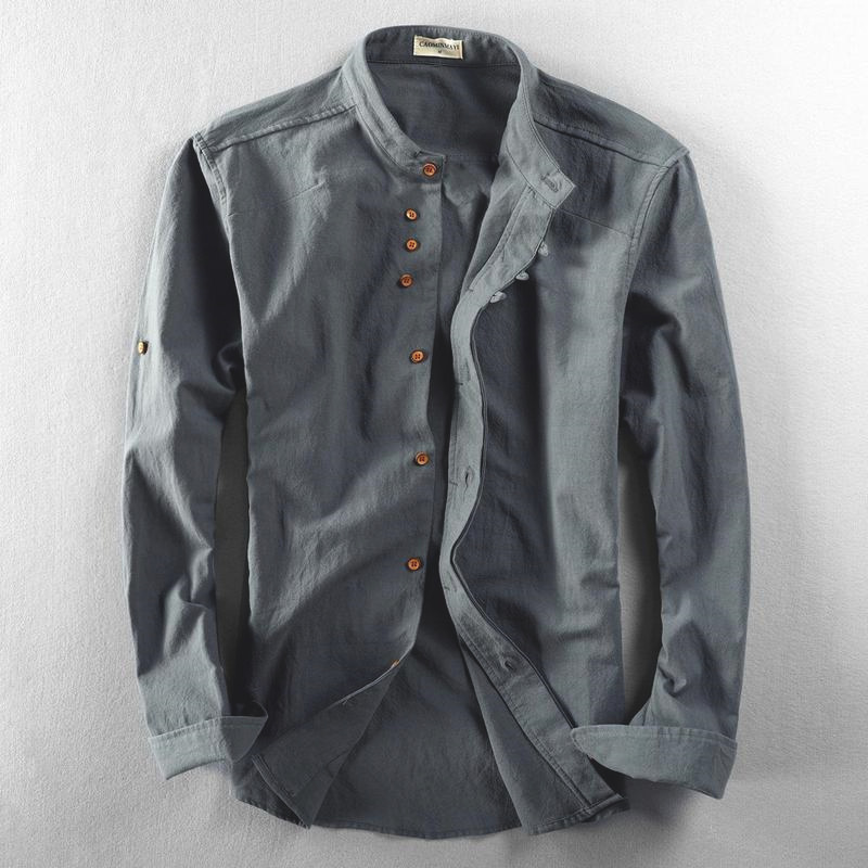 2021 Jeans for Autumn New Men's Casual Linen Shirt Retro Chinese Style Stand-up Collar Slim Fit Cotton Linen Shirt Cool Night